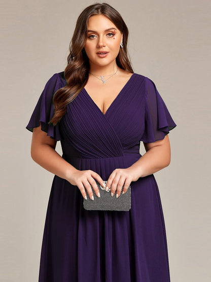 Chiffon hoch und tiefes Kleid für Hochzeitsgäste mit V-Ausschnitt und kurzen Ärmeln 123