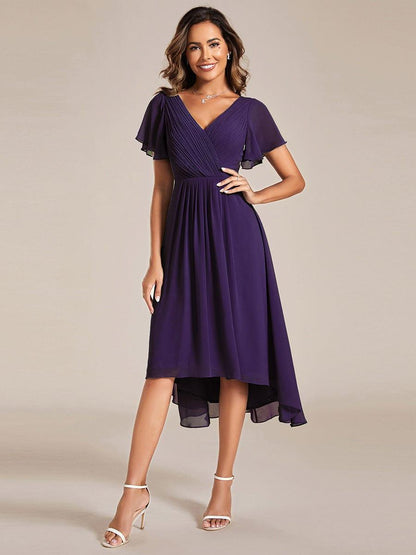 Chiffon hoch und tiefes Kleid für Hochzeitsgäste mit V-Ausschnitt und kurzen Ärmeln 120