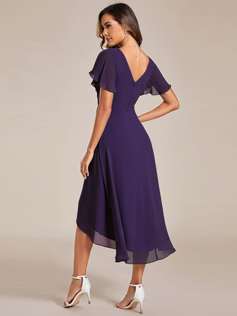 Chiffon hoch und tiefes Kleid für Hochzeitsgäste mit V-Ausschnitt und kurzen Ärmeln 117