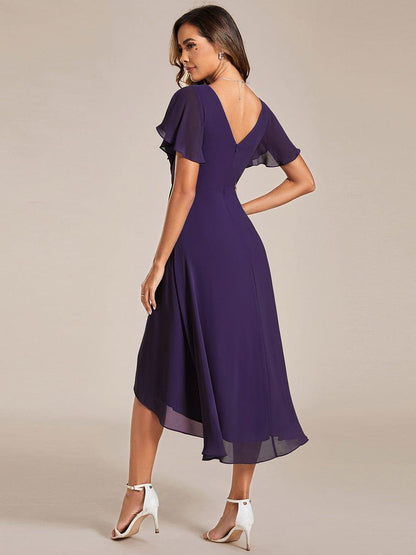 Chiffon hoch und tiefes Kleid für Hochzeitsgäste mit V-Ausschnitt und kurzen Ärmeln 117