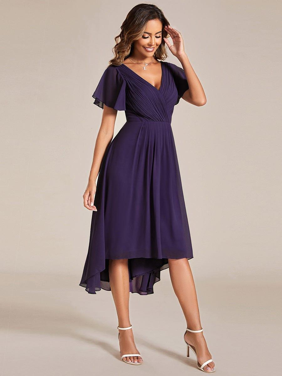 Chiffon hoch und tiefes Kleid für Hochzeitsgäste mit V-Ausschnitt und kurzen Ärmeln 116