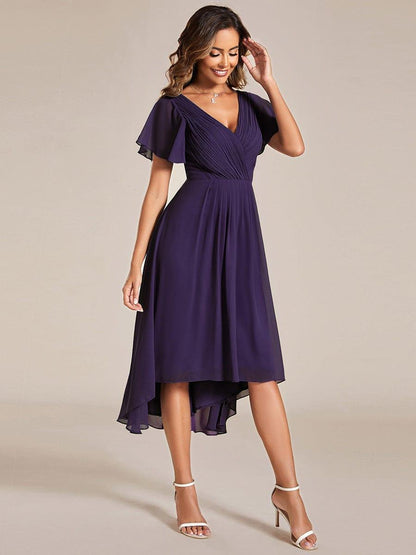 Chiffon hoch und tiefes Kleid für Hochzeitsgäste mit V-Ausschnitt und kurzen Ärmeln 116
