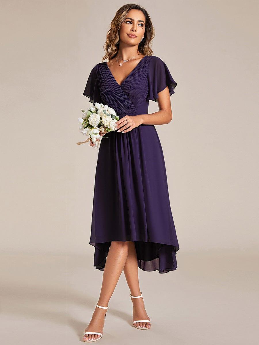 Chiffon hoch und tiefes Kleid für Hochzeitsgäste mit V-Ausschnitt und kurzen Ärmeln 119