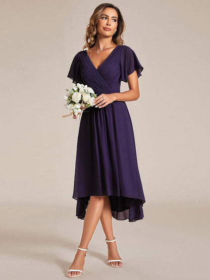 Chiffon hoch und tiefes Kleid für Hochzeitsgäste mit V-Ausschnitt und kurzen Ärmeln 119
