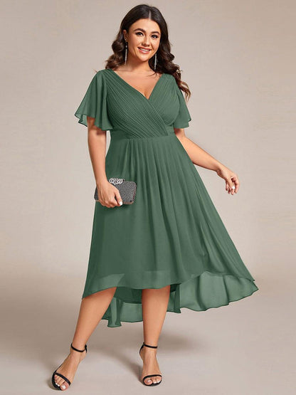 Chiffon hoch und tiefes Kleid für Hochzeitsgäste mit V-Ausschnitt und kurzen Ärmeln 147