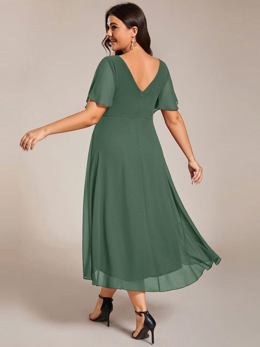 Chiffon hoch und tiefes Kleid für Hochzeitsgäste mit V-Ausschnitt und kurzen Ärmeln 148