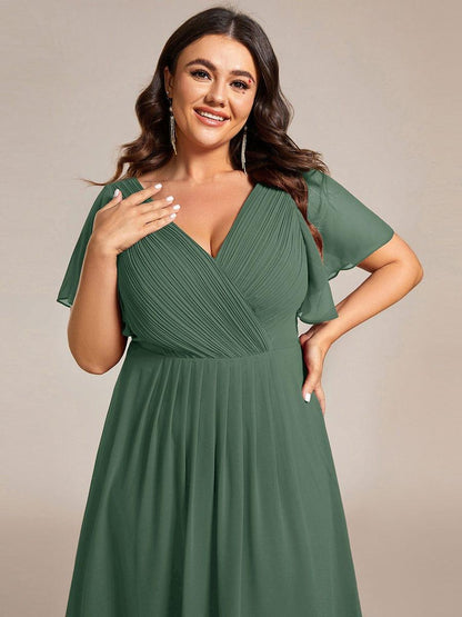 Chiffon hoch und tiefes Kleid für Hochzeitsgäste mit V-Ausschnitt und kurzen Ärmeln 149