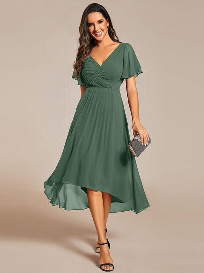 Chiffon hoch und tiefes Kleid für Hochzeitsgäste mit V-Ausschnitt und kurzen Ärmeln 144