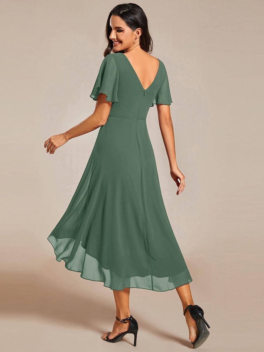 Chiffon hoch und tiefes Kleid für Hochzeitsgäste mit V-Ausschnitt und kurzen Ärmeln 145