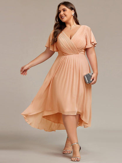 Chiffon hoch und tiefes Kleid für Hochzeitsgäste mit V-Ausschnitt und kurzen Ärmeln 139