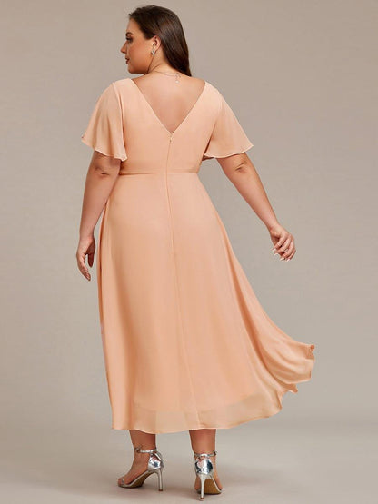 Chiffon hoch und tiefes Kleid für Hochzeitsgäste mit V-Ausschnitt und kurzen Ärmeln 140