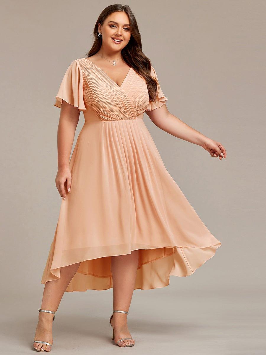 Chiffon hoch und tiefes Kleid für Hochzeitsgäste mit V-Ausschnitt und kurzen Ärmeln 142