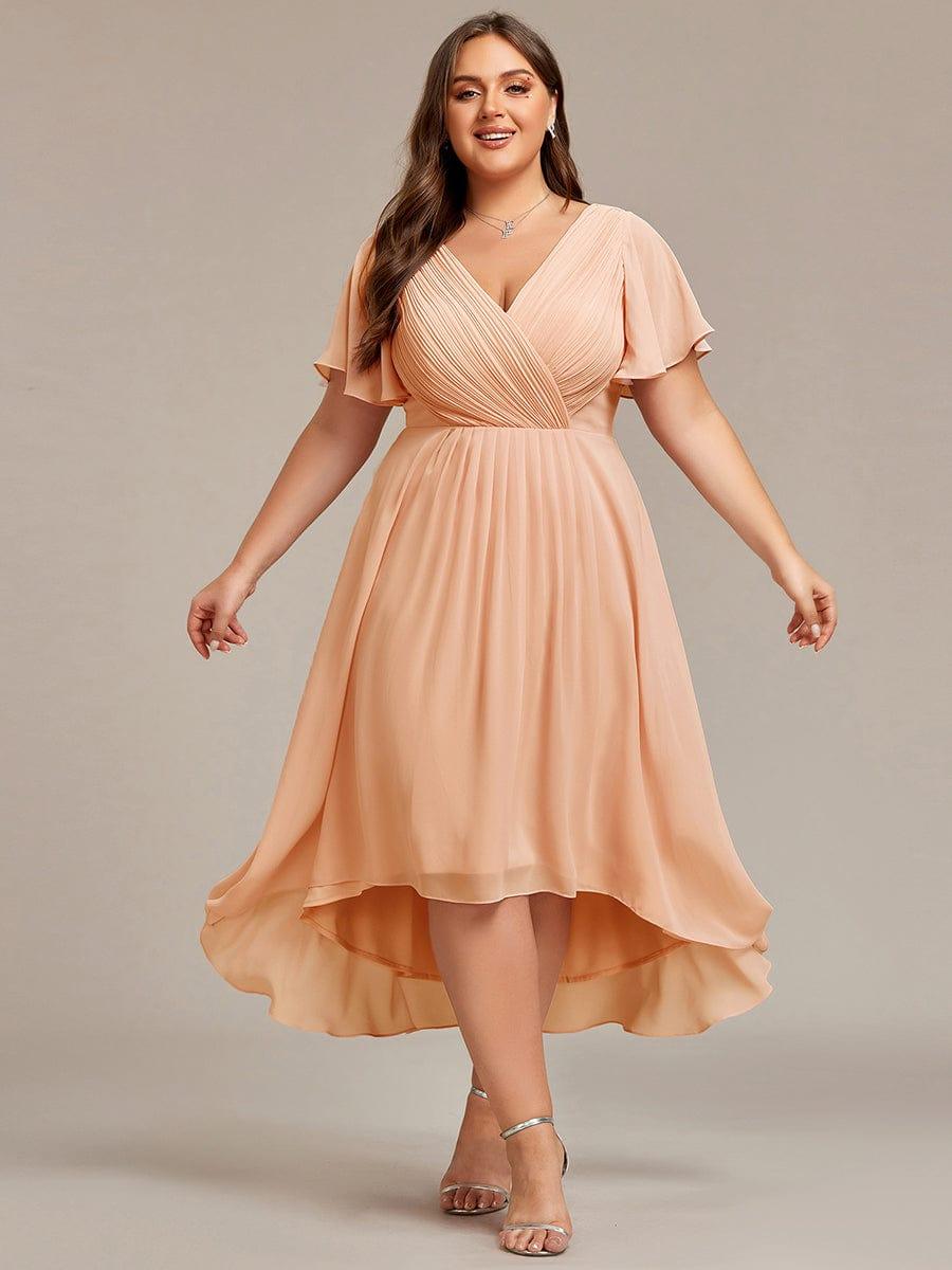 Chiffon hoch und tiefes Kleid für Hochzeitsgäste mit V-Ausschnitt und kurzen Ärmeln 143