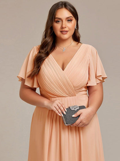 Chiffon hoch und tiefes Kleid für Hochzeitsgäste mit V-Ausschnitt und kurzen Ärmeln 141