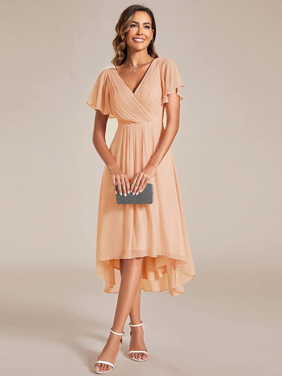 Chiffon hoch und tiefes Kleid für Hochzeitsgäste mit V-Ausschnitt und kurzen Ärmeln 134