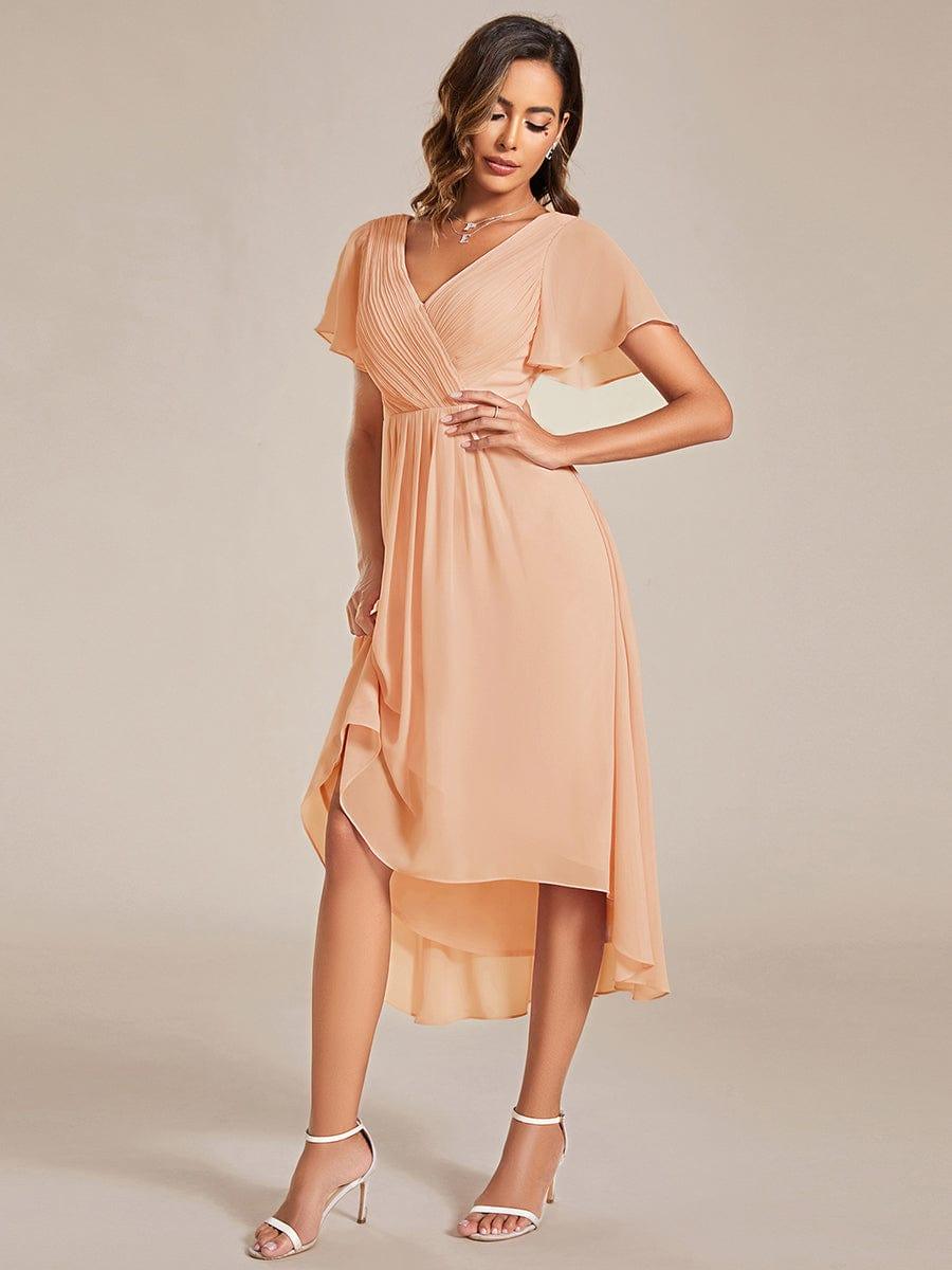 Chiffon hoch und tiefes Kleid für Hochzeitsgäste mit V-Ausschnitt und kurzen Ärmeln 137
