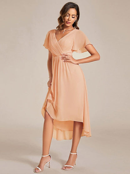 Chiffon hoch und tiefes Kleid für Hochzeitsgäste mit V-Ausschnitt und kurzen Ärmeln 137
