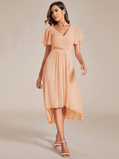 Chiffon hoch und tiefes Kleid für Hochzeitsgäste mit V-Ausschnitt und kurzen Ärmeln 138
