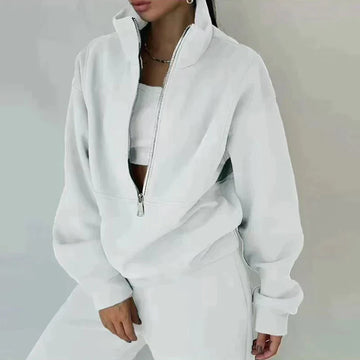 Weiße Damen-Sweatjacke mit Reißverschluss, lässig, modisch, bequem, Baumwolle.
