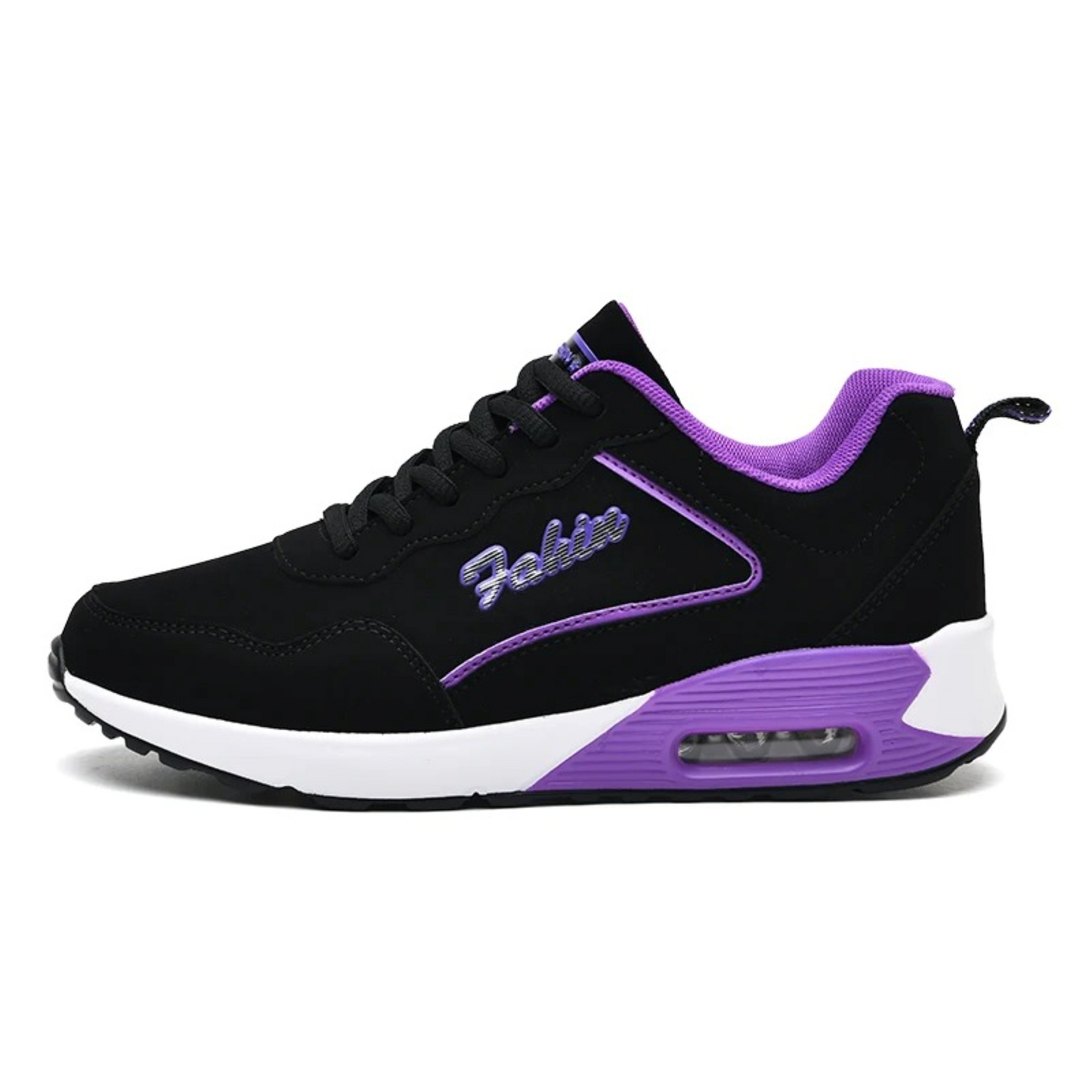 Schwarzer Damen-Sneaker, lila Akzente, leicht, wasserdicht, atmungsaktiv.