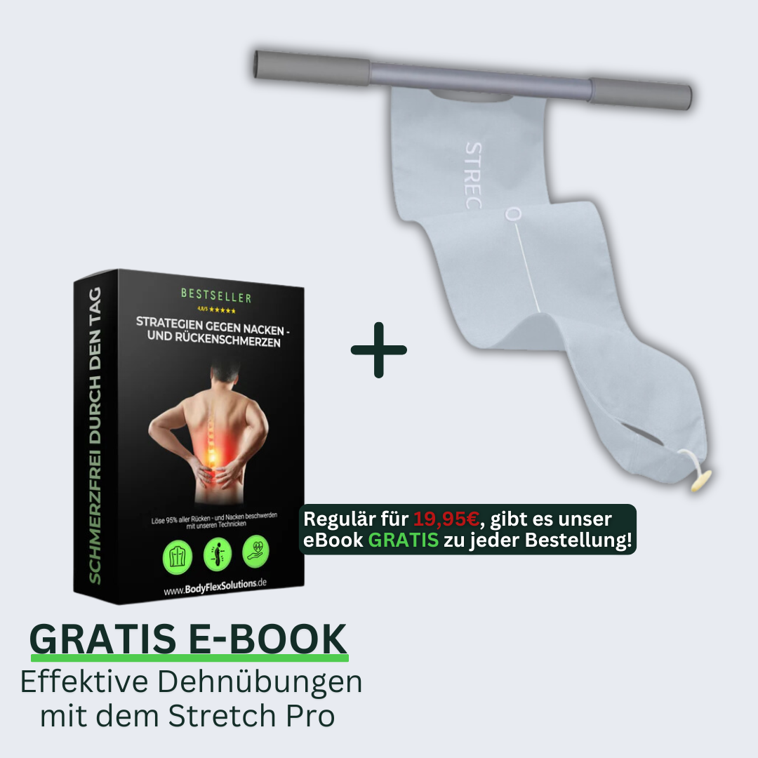 Stretchband mit Griffen und Gratis E-Book über effektive Dehnübungen gegen Rückenschmerzen.