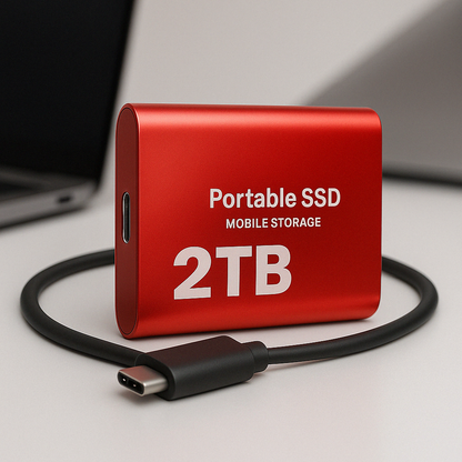 Rote SSD mit aufgerolltem USB-C-Kabel auf einem hellen Schreibtisch, im Hintergrund ein unscharfer Laptop 5