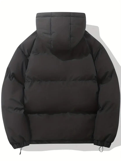 Schwarze Daunenjacke mit Kapuze, klassisches Design, warm, wintertauglich, Unisex.