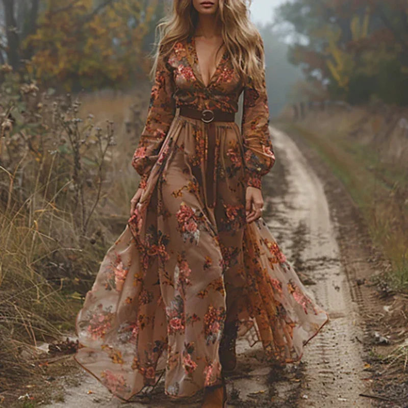 Model in der braunen Variante mit Blumenmuster, transparentem Rock und Gürtel mit Ringschnalle auf einem Waldweg 4