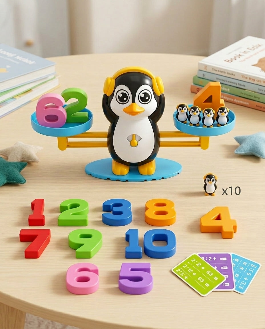 Pinguin-Waage auf rundem Holztisch mit verstreuten Zahlenblöcken, Aufgabenkarten und einer Pinguinfigur mit Hinweis auf zehn 9