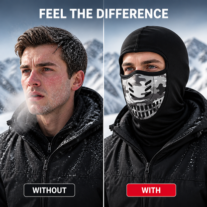 Vergleichsbild: links ein Mann mit gerötetem, verschneitem Gesicht ohne Maske, rechts derselbe Mann mit der schwarzen Sturmhaube im Schneetreiben. 3