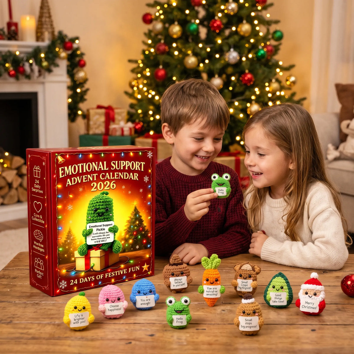 Zwei lachende Kinder spielen am Holztisch vor dem Weihnachtsbaum mit gehäkelten Figuren neben der roten Kalenderschachtel 1