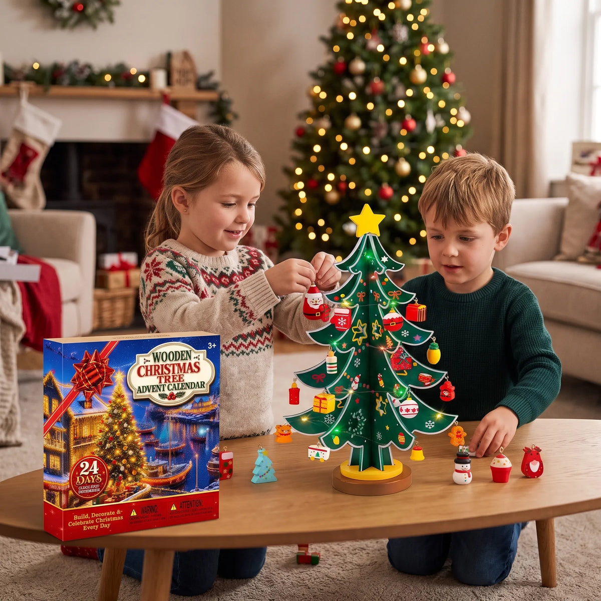 Zwei Kinder hängen bunte Anhänger an den grünen Holzbaum auf einem Couchtisch im geschmückten Wohnzimmer 1
