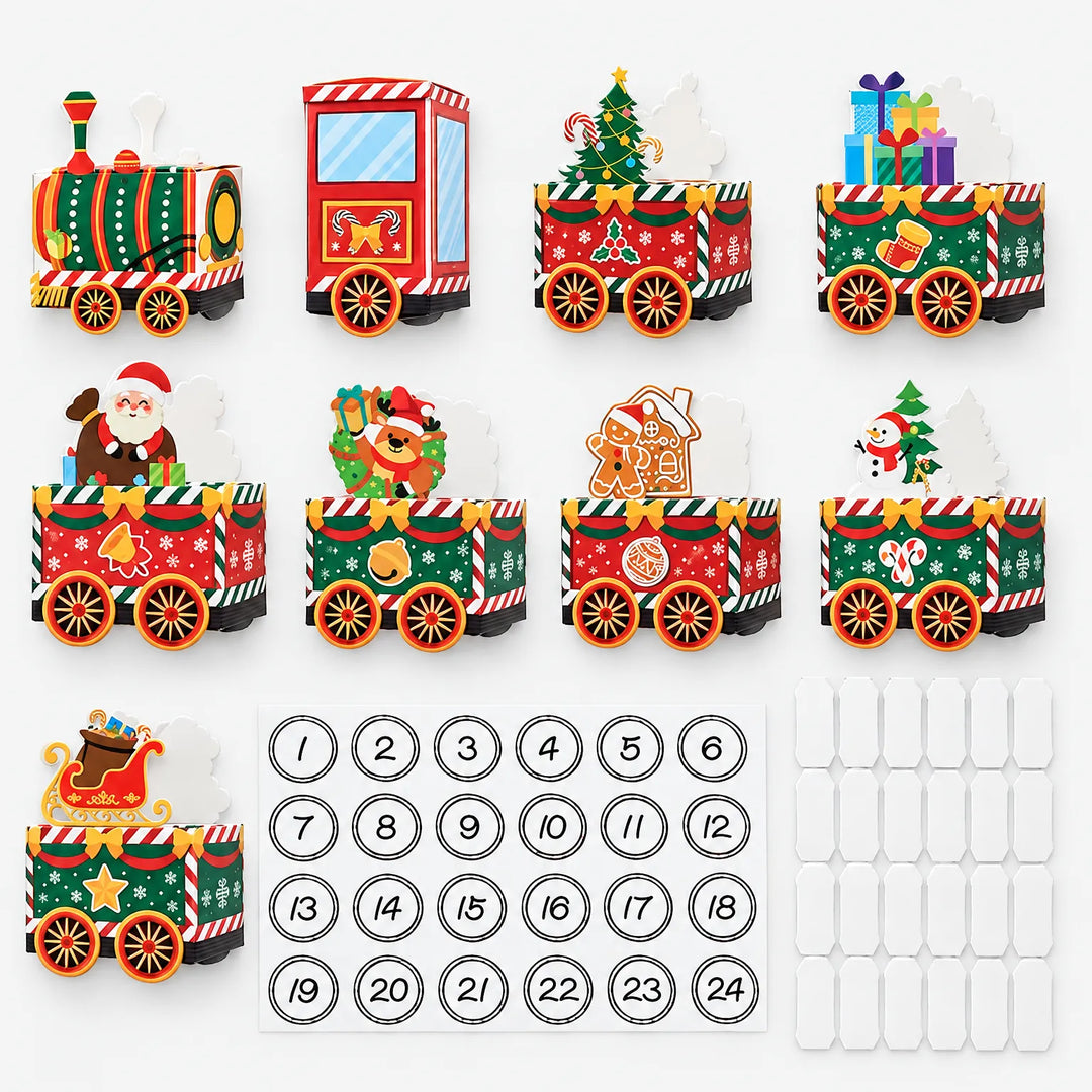 Alle Einzelteile des Zuges nebeneinander ausgelegt: Lok, Führerhaus, Waggons mit Weihnachtsmotiven sowie Bogen mit Zahlenaufklebern von 1 bis 24. 2