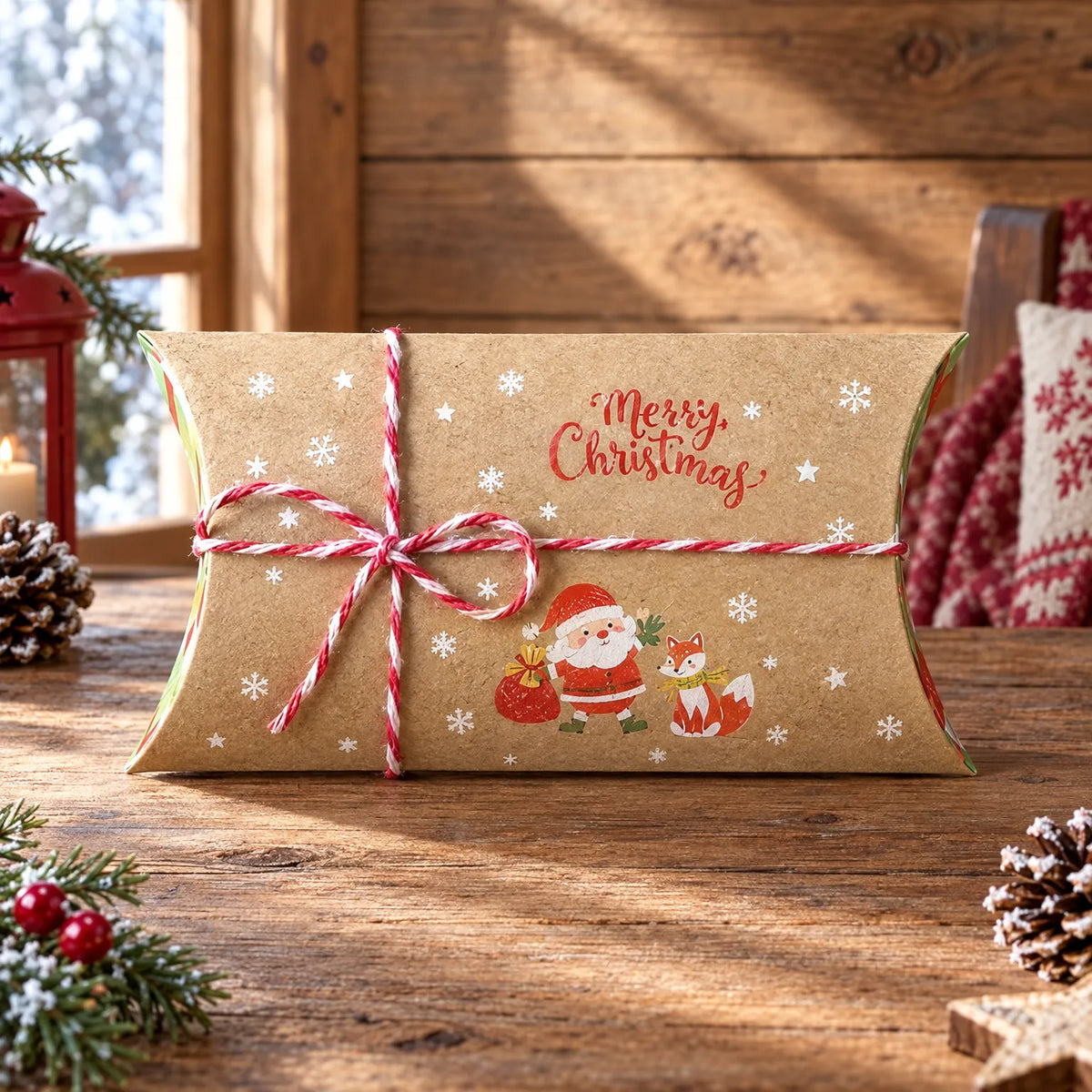 Kissenförmige Kraftpapier-Box mit rot-weißer Kordel und Weihnachtsmann-Motiv mit Fuchs, stimmungsvoll auf einem Holztisch zwischen Tannenzweigen und Zapfen arra 1