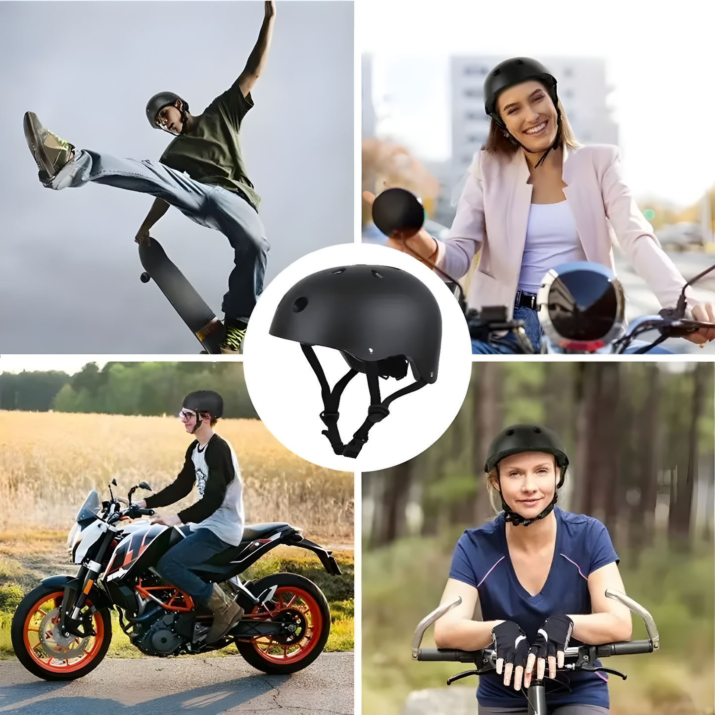 Schwarzer Fahrradhelm, sicherheitsgeprüft, für Skateboard und Motorrad, vielseitig einsetzbar.