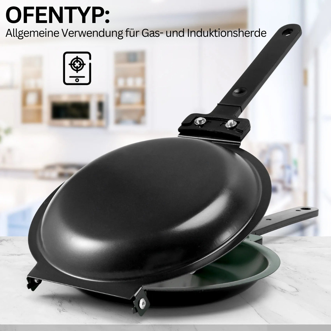 Schwarze Flip-Pfanne für Gas- und Induktionsherde, Antihaftbeschichtung, Küche.