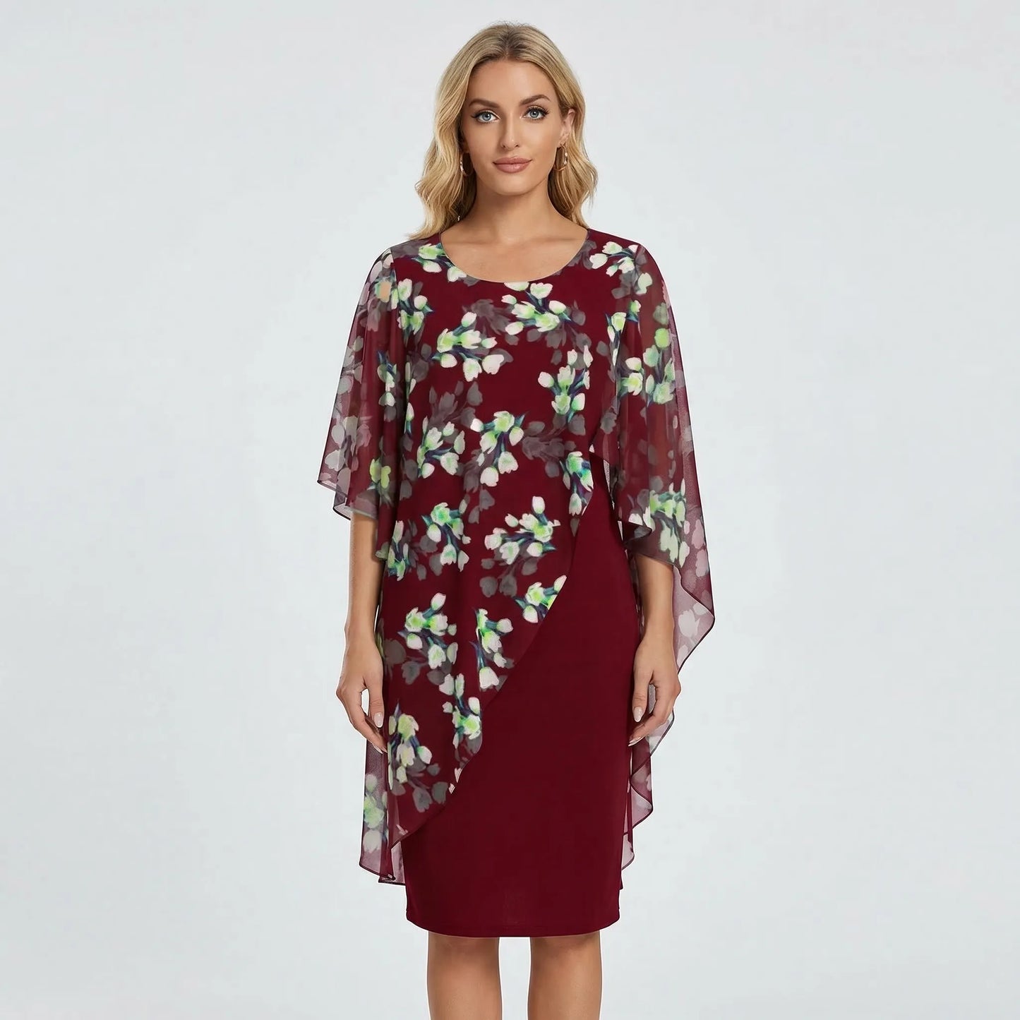 Floral Overlay Layered Midi Dress - Heather