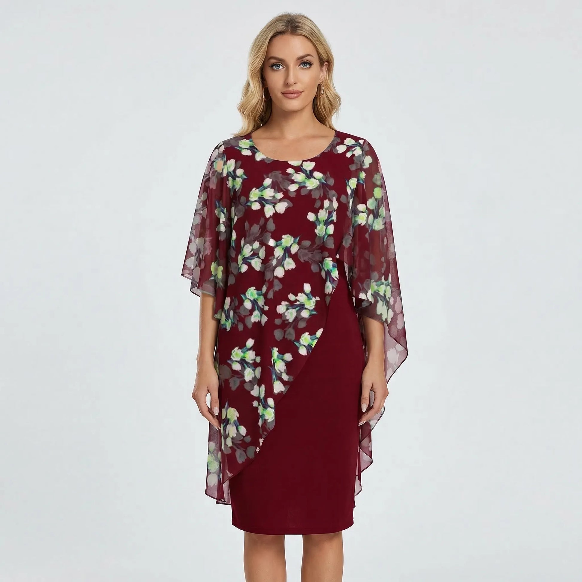 Floral Overlay Layered Midi Dress - Heather