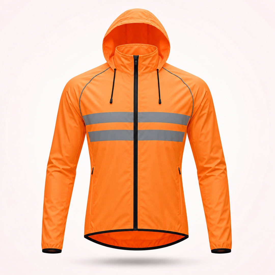 Orange Jacke mit Kapuze und Kordelzug von vorn, mit zwei grauen Reflexstreifen und seitlichen Reißverschlusstaschen. 20