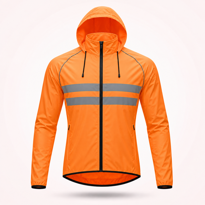 Orange Jacke mit Kapuze und Kordelzug von vorn, mit zwei grauen Reflexstreifen und seitlichen Reißverschlusstaschen. 20
