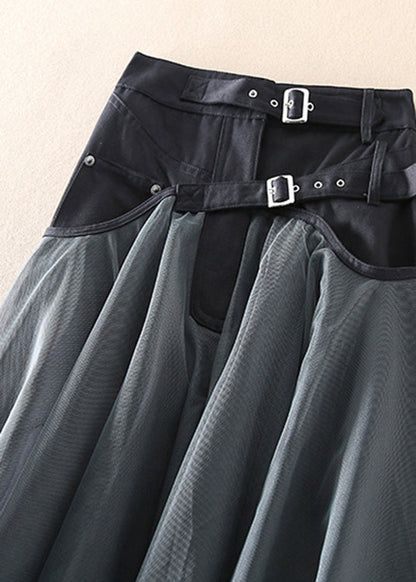 Grauer Patchwork-Tüllrock mit Schnallen, modisch, Frühling, Damenmode, elegant, vielseitig.