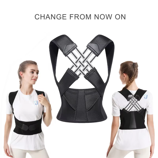 Schwarze Rückenstütze Haltungskorrektur, verstellbar, ergonomisch, für Damen und Herren.