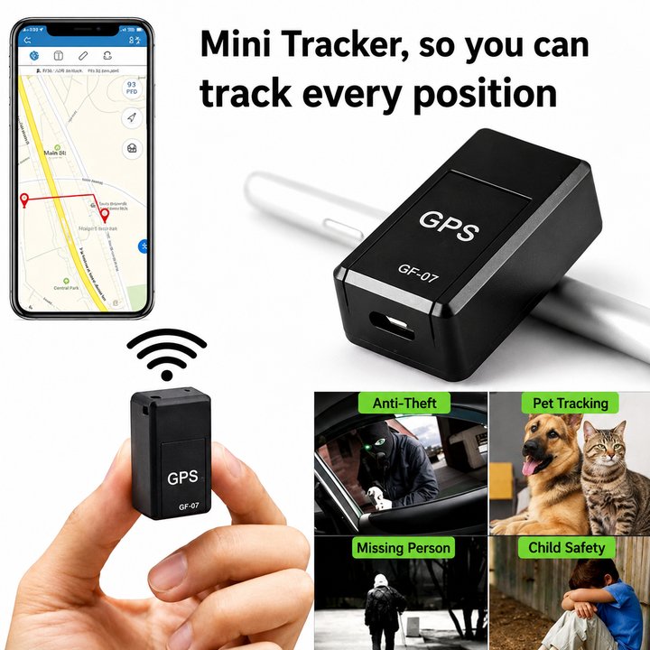 Collage mit Smartphone-Karte, Tracker zwischen Daumen und Zeigefinger und Anwendungsfeldern wie Diebstahlschutz, Haustiere, Vermisste und Kindersicherheit. 2