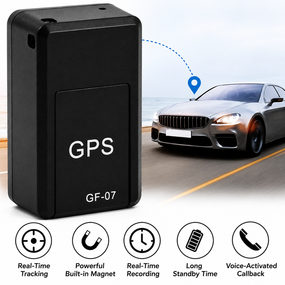 Großaufnahme des schwarzen Trackers vor einer Küstenstraße mit grauem Auto und Standortsymbol, darunter fünf Symbole zu den Funktionen. 4