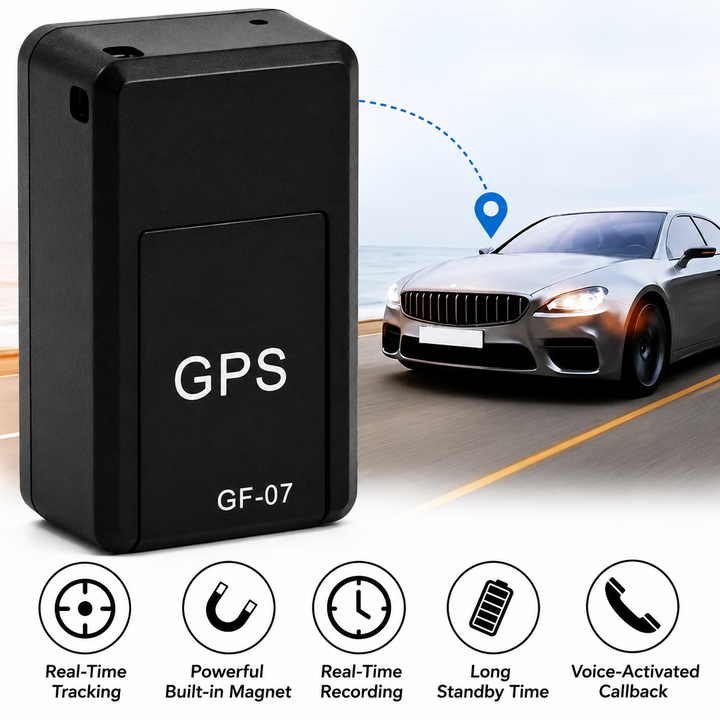 Großaufnahme des schwarzen Trackers vor einer Küstenstraße mit grauem Auto und Standortsymbol, darunter fünf Symbole zu den Funktionen. 4