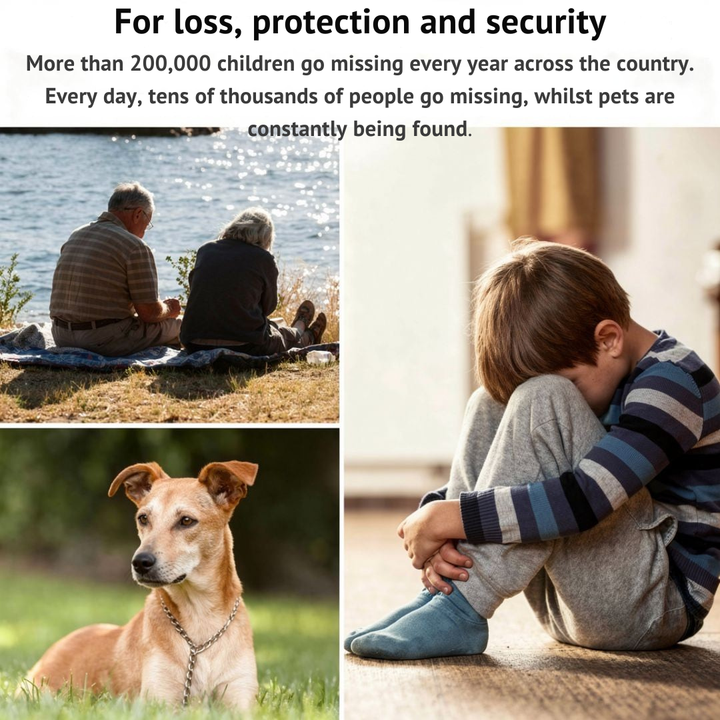 Bildmontage mit älterem Paar am Wasser, nachdenklichem Hund mit Kettenhalsband und einem zusammengekauerten Jungen als Beispiele für Schutz und Sicherheit. 5