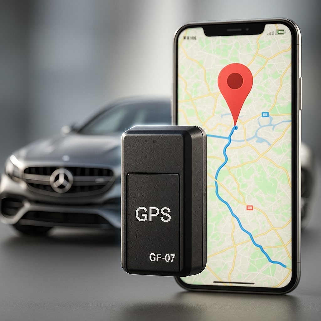 Schwarzer Mini-Tracker im Vordergrund, dahinter ein Smartphone mit Kartenroute und rotem Standortmarker sowie eine verschwommene graue Limousine. 1