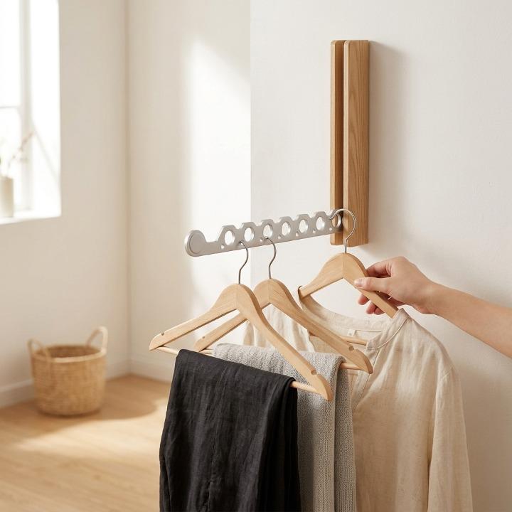 Helle Holzgarderobe mit silbernem Locharm an der Wand, daran hängen drei Kleiderbügel mit Hose, Strickteil und Hemd, eine Hand greift zu. 3