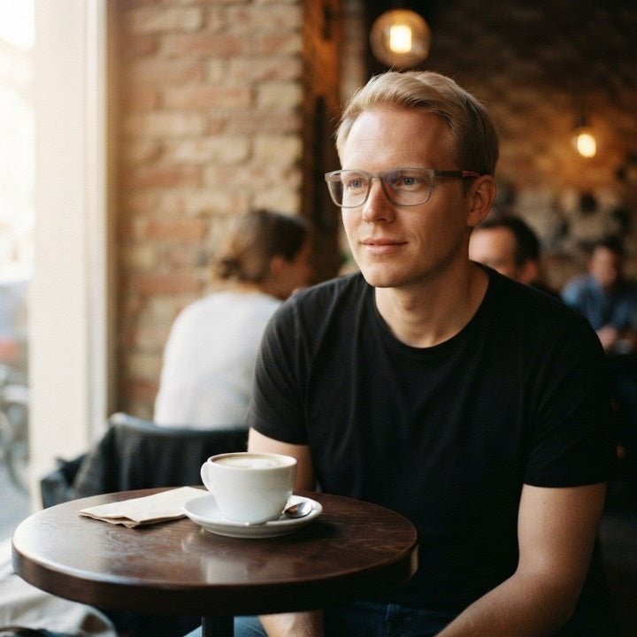 Mann in schwarzem T-Shirt sitzt mit einer Tasse Kaffee in einem Café und trägt die Brille mit grauem Rahmen. 4