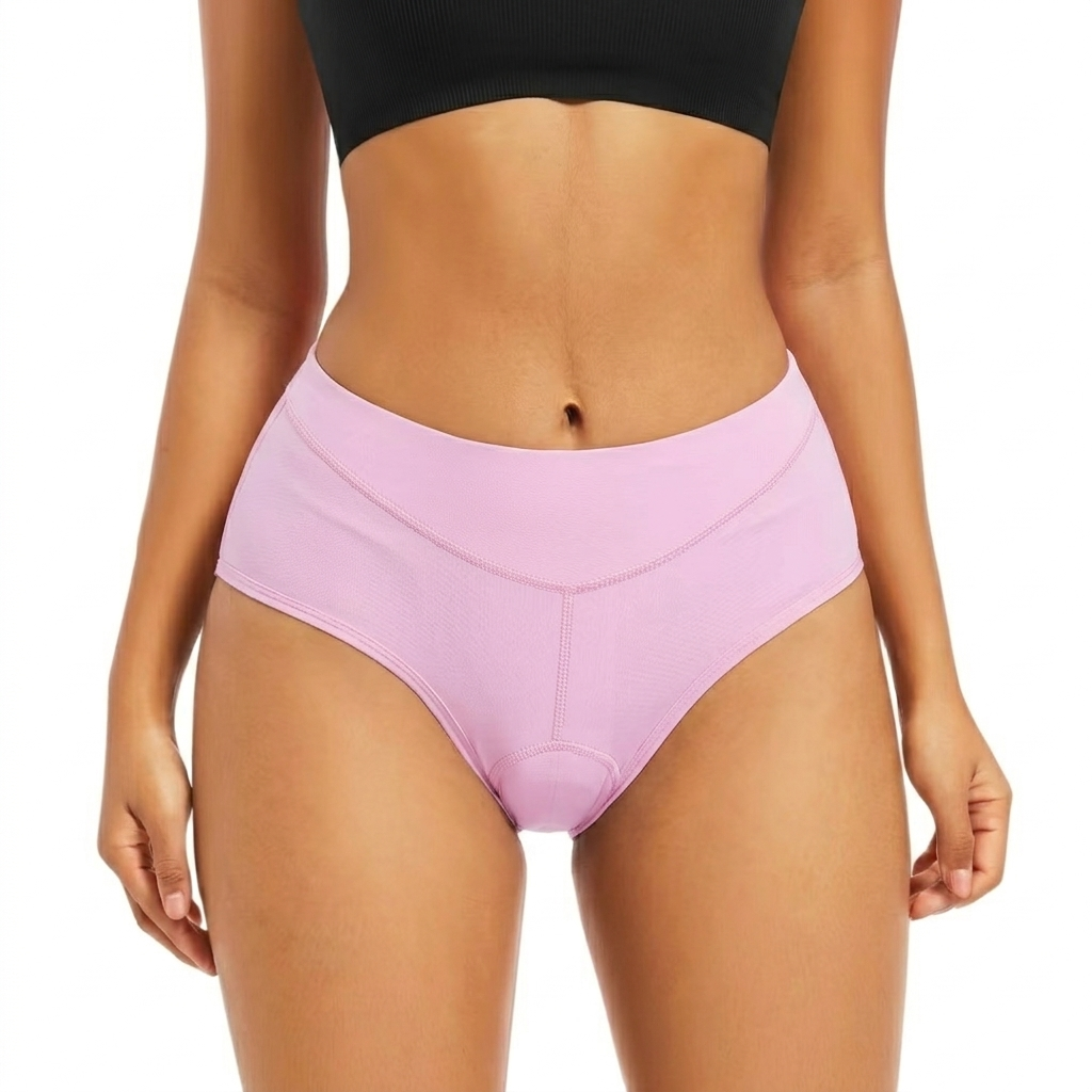 Frontansicht der zartrosa Radunterhose am Model, mit glatter Oberfläche und V-förmiger Bundnaht 13